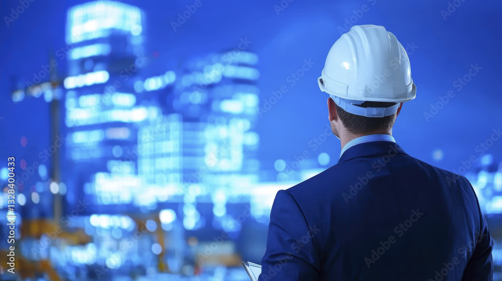 Construction manager reviewing site at night with city skyline Construction manager reviewing site at night with city skyline