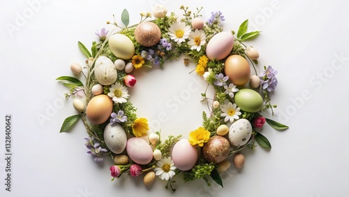 Spring Easter Wreath of Eggs & Flowers, White Background Stock Photo