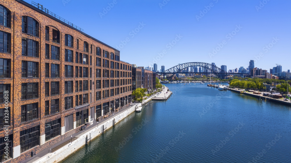Obraz premium Sydney waterfront view featuring historic brick building and bridge