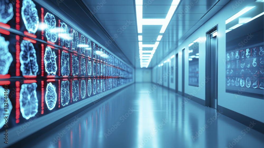 Futuristic hallway with illuminated brain scans on walls, showcasing advanced memory editing therapy technology Futuristic hallway with illuminated brain scans on walls, showcasing advanced memory editing therapy technology