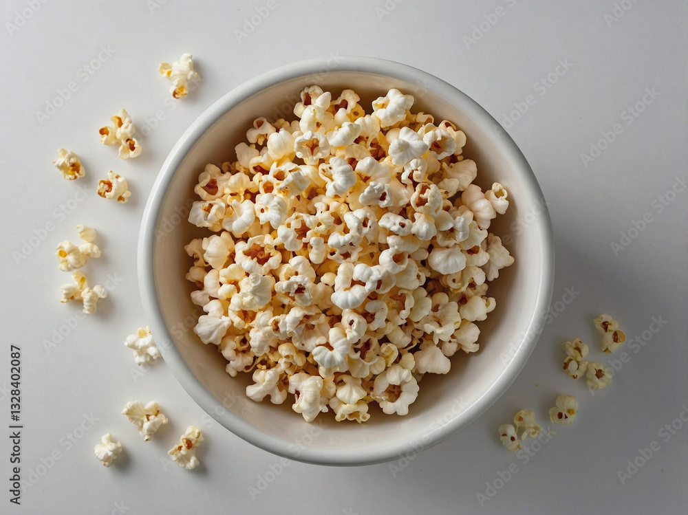 A top-down view of a white ceramic bowl filled with freshly popped popcorn A top-down view of a white ceramic bowl filled with freshly popped popcorn