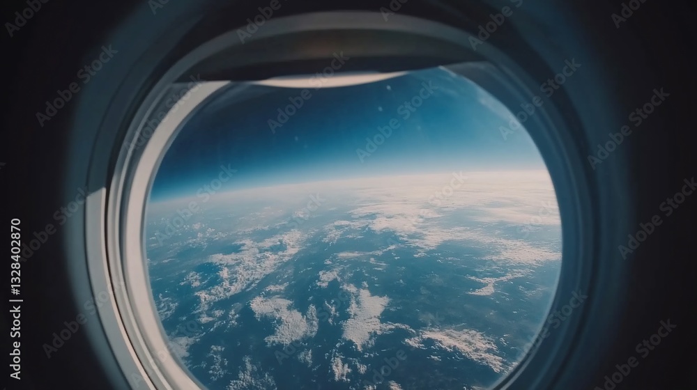 Looking out from an Airplane Window at Earth with clouds and blue sky Looking out from an Airplane Window at Earth with clouds and blue sky