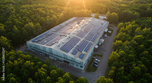 Aerial View of Eco-Friendly Factory with Solar Panels on Roof Surrounded by Lush Green Forest at Sunset