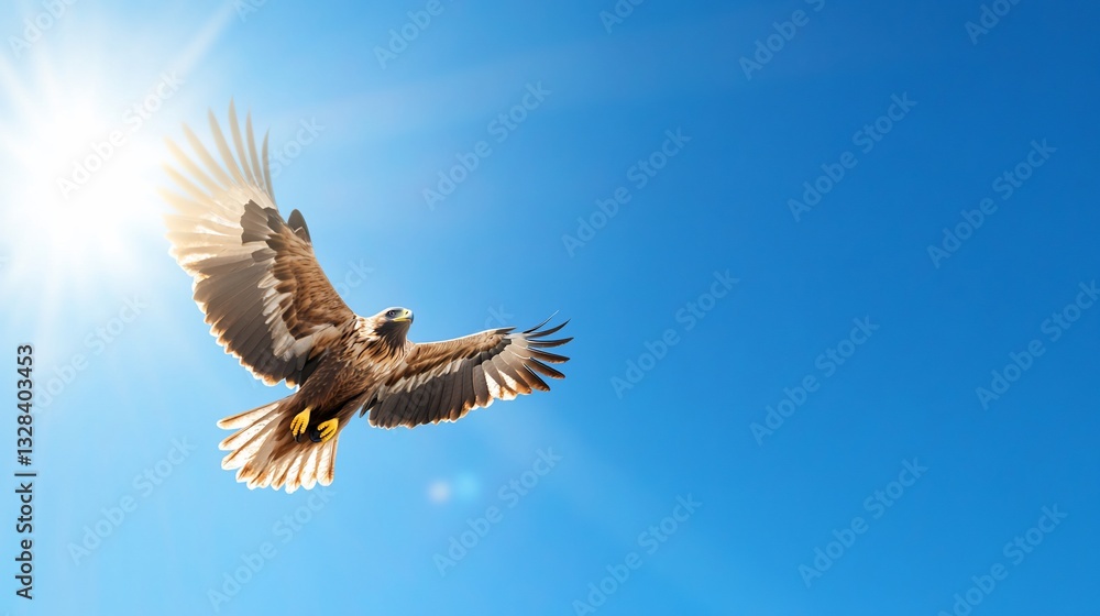 Naklejka premium Majestic eagle soaring high in bright blue sky, wings spread. Sunlight streams