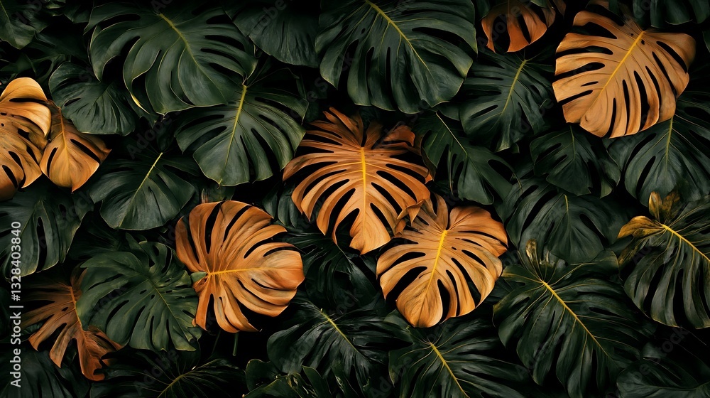 Naklejka premium Tropical Paradise: A Lush Tapestry of Monstera Leaves