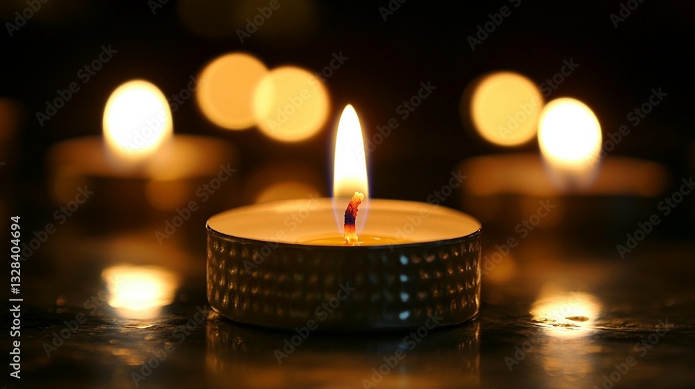Close-up of a lit candle surrounded by others in soft focus, creating a warm and calming ambiance. Close-up of a lit candle surrounded by others in soft focus, creating a warm and calming ambiance.