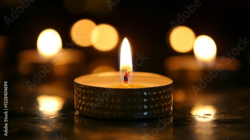 Close-up of a lit candle surrounded by others in soft focus, creating a warm and calming ambiance.