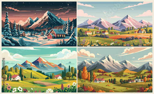 Set of four seasons backgrounds, banners. Winter, spring, summer, autumn nature landscapes. Colorful backdrops, covers with trees, mountains, village houses. Vector art illustrations.