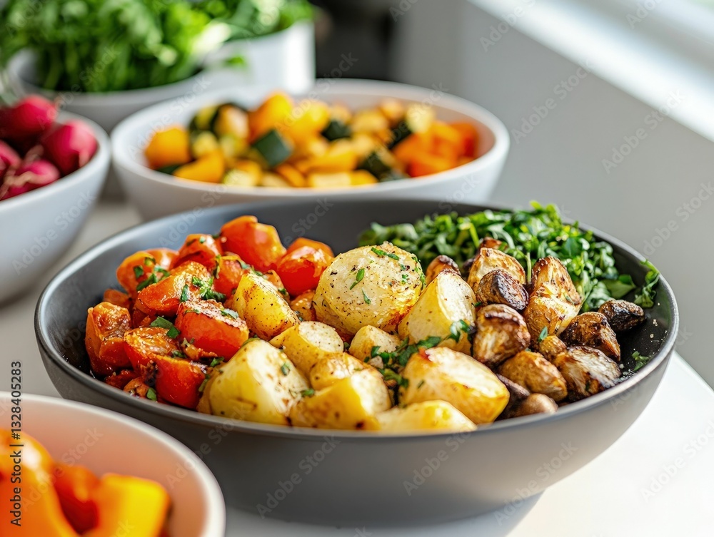 Colorful bowls of roasted vegetables bright kitchen counter culinary delight warm atmosphere engaging view healthy eating Colorful bowls of roasted vegetables bright kitchen counter culinary delight warm atmosphere engaging view healthy eating