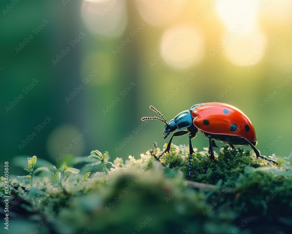 Fototapeta premium A beetle caught in a sunbeam illuminating a dense forest floor.