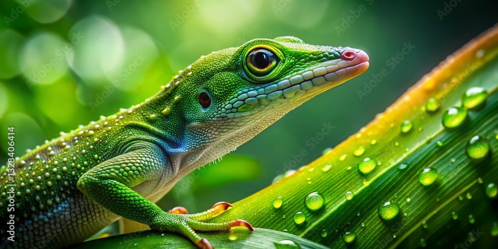 Fototapeta premium Striking Green Cuban Anole Lizard on Vibrant Tropical Foliage