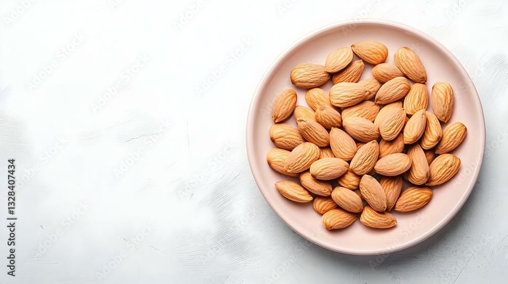 Fresh almonds nuts in pink plate on white