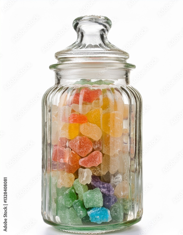 A clear glass jar with a lid filled with colorful candies. The candies are various shapes and sizes, and they are brightly colored. A clear glass jar with a lid filled with colorful candies. The candies are various shapes and sizes, and they are brightly colored.