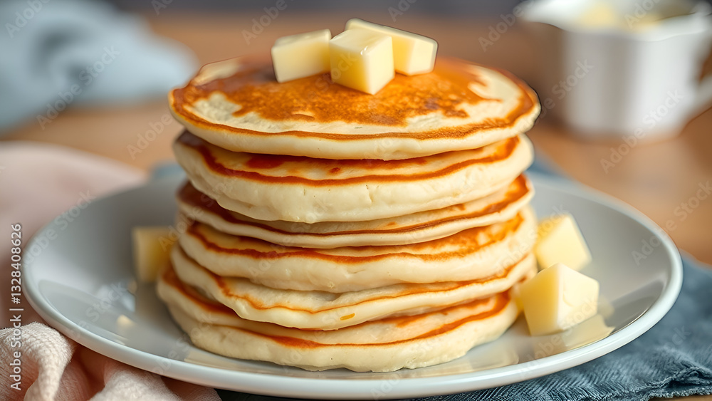 A stack of pancakes with cubes of butter A stack of pancakes with cubes of butter