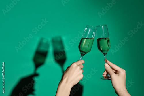 Photography Female hands with glasses of champagne on green background