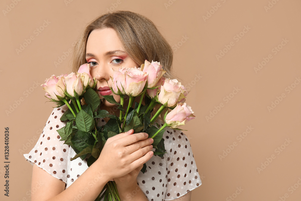 Young woman with bouquet of beautiful roses on brown background Young woman with bouquet of beautiful roses on brown background