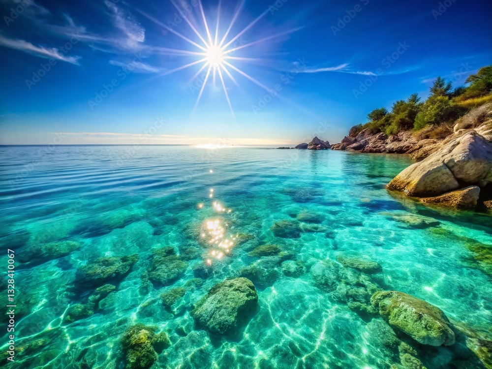 Fototapeta premium Stunning Mediterranean Coastal Waters: Azure Sea, Rocky Shore, Copy Space