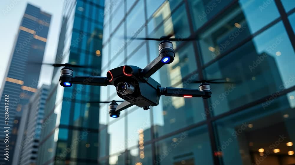 Drone captures stunning views of city skyline while flying near tall buildings at sunset Drone captures stunning views of city skyline while flying near tall buildings at sunset