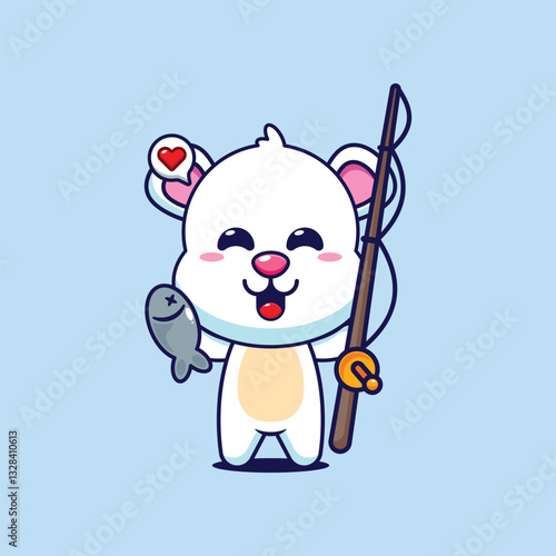 Polar bear cartoon vector illustration catching fish with fishing rod