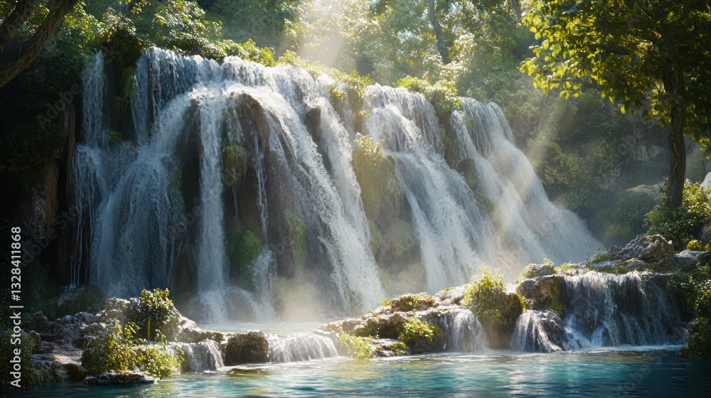 Fototapeta premium Sunlit Waterfall in Lush Jungle; Tranquil Pool