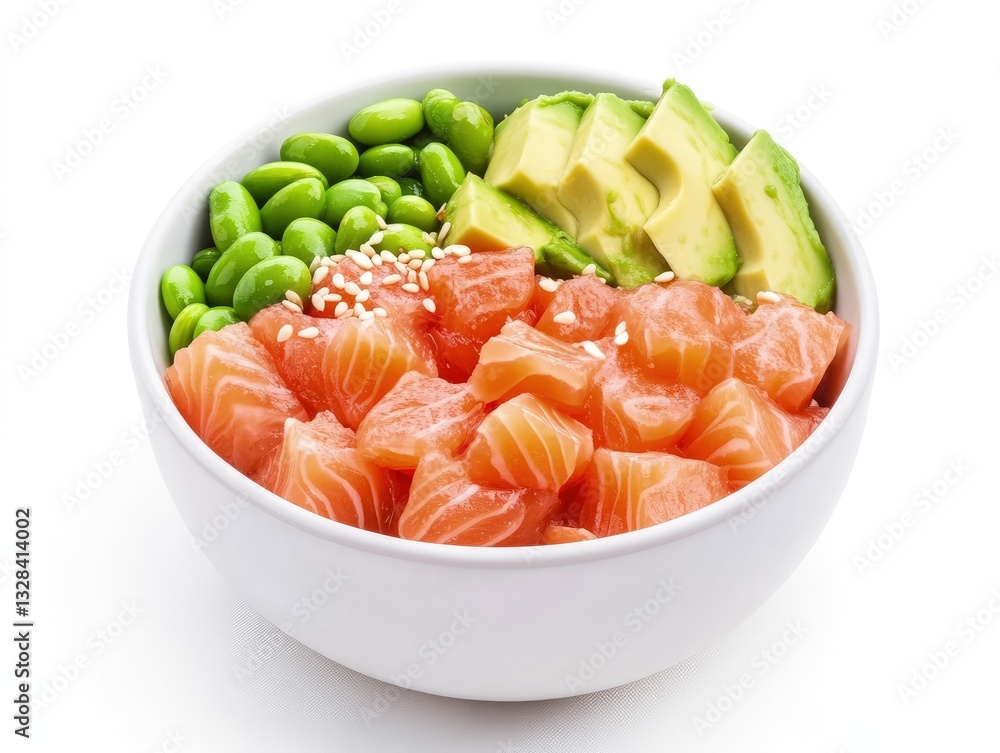 Colorful poke bowl preparation with raw salmon avocado and edamame kitchen food photography bright and fresh vibrant concept Colorful poke bowl preparation with raw salmon avocado and edamame kitchen food photography bright and fresh vibrant concept