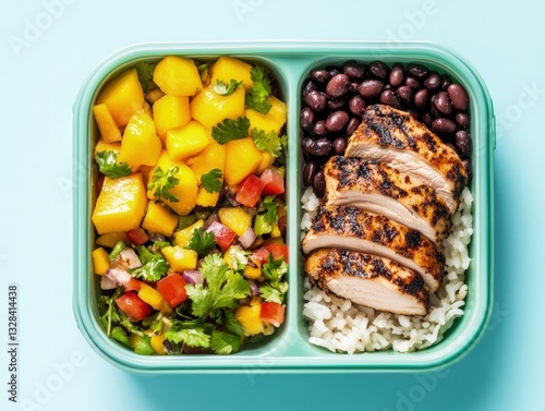 Vibrant jerk chicken macro meal tropical inspired culinary delight kitchen top-down view healthy eating concept