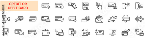 Credit and Debit Card Icon Set - Secure Payments, Digital Transactions, Banking, Contactless, Online Purchases, Finance, ATM, Wallet, and Financial Security Symbols