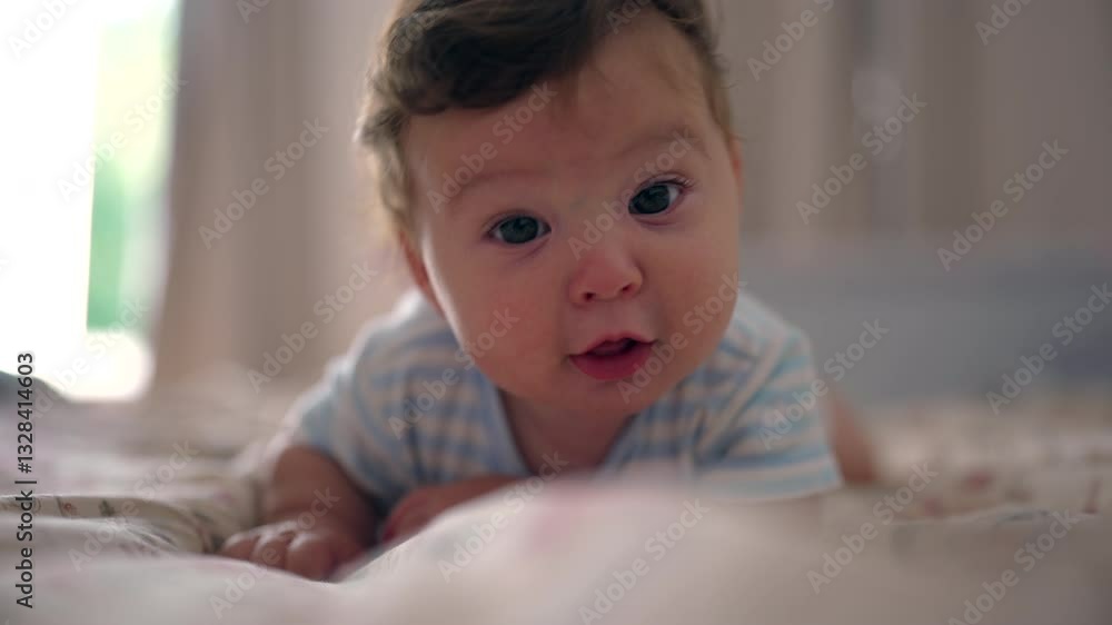 Baby lying on bed, propped on arms, gazing with curiosity, soft and relaxed moment, early childhood sensory exploration, warm and cozy home atmosphere Baby lying on bed, propped on arms, gazing with curiosity, soft and relaxed moment, early childhood sensory exploration, warm and cozy home atmosphere