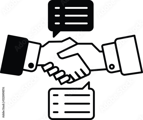hand shake between two people with a speech bubble in the middle