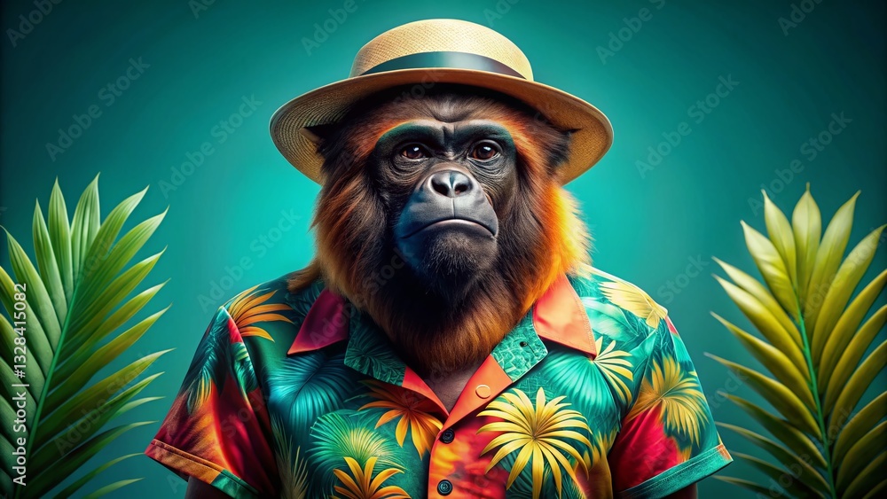Obraz premium Summer Fashion Howler Monkey: Teal Background Full Body Surreal Photo