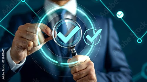 Businessman Analyzing Digital Checkmark for Verification