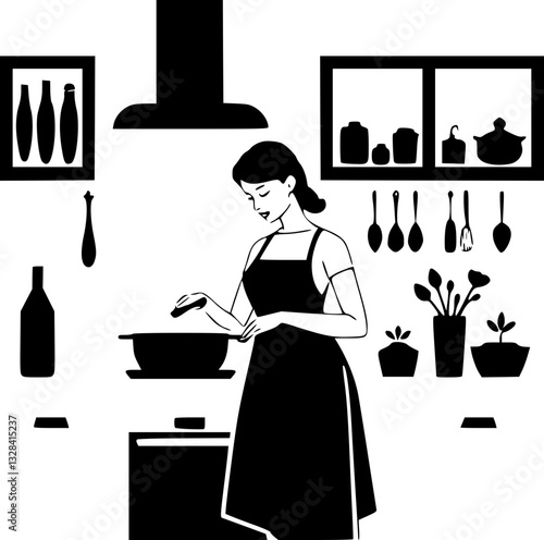 A woman cooking in the kitchen monochrome minimalist illustration for food recipe home lifestyle culinary art cooking chef meal preparation baking kitchenware household chores domestic work interior d