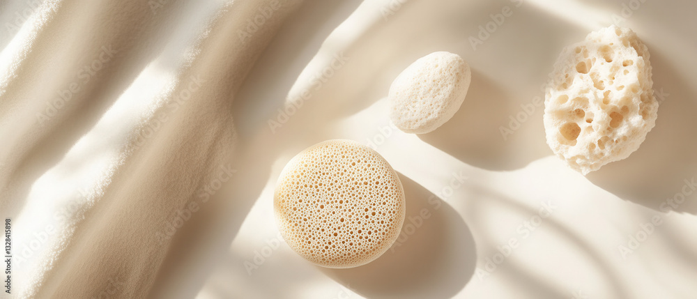 Fototapeta premium Natural sponges on soft fabric surface minimalist home decor calm environment aesthetic viewpoint