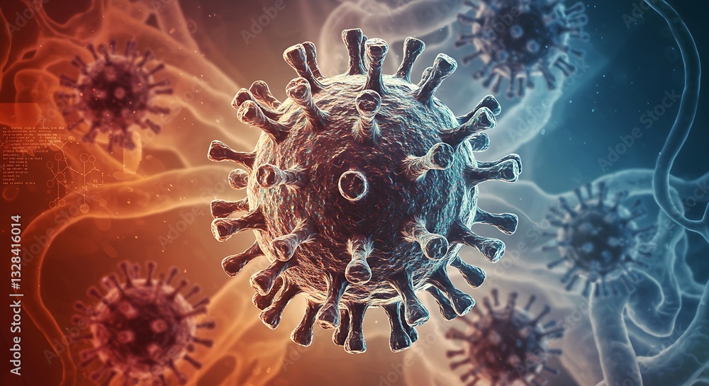 A colorful 3D virus with a soft glowing aura, set in an abstract medical background A colorful 3D virus with a soft glowing aura, set in an abstract medical background