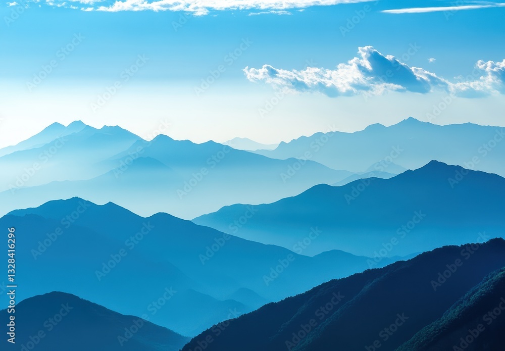 Obraz premium Serene Mountain Landscape with Layered Peaks and Soft Blue Sky Under Delicate Clouds in a Tranquil Natural Setting