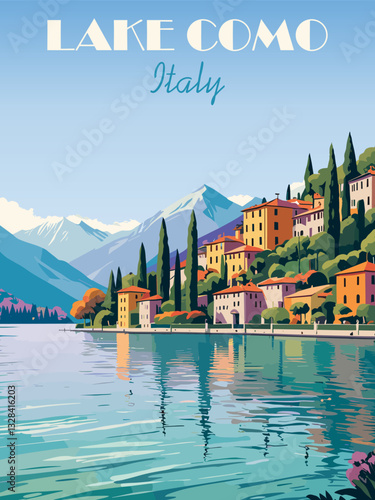 Lake Como, Italy Travel Destination Poster in retro style. Landscape print, wall art. Europe summer vacation, holidays concept. Vintage vector colorful illustration.