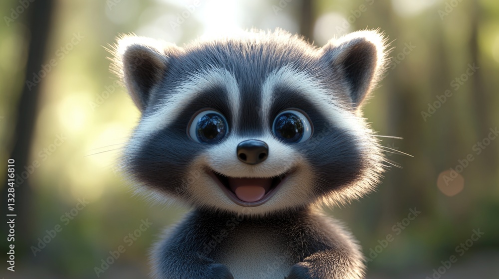 A smiling cartoon raccoon portrait with large bright eyes A smiling cartoon raccoon portrait with large bright eyes