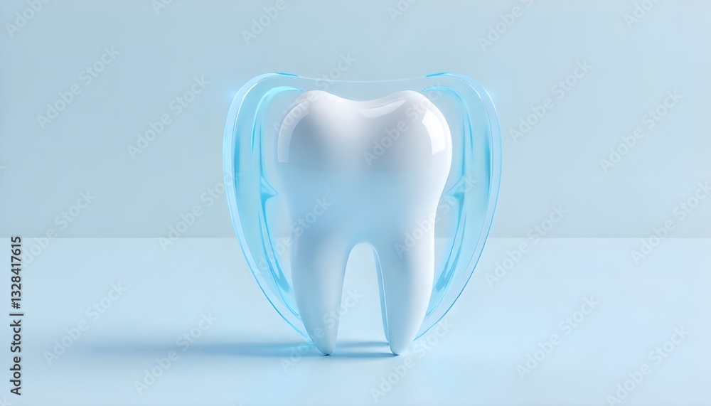A 3D rendering of a dental tooth protected by a surrounding barrier, symbolized by a sleek, futuristic shield, perfect for oral health day A 3D rendering of a dental tooth protected by a surrounding barrier, symbolized by a sleek, futuristic shield, perfect for oral health day