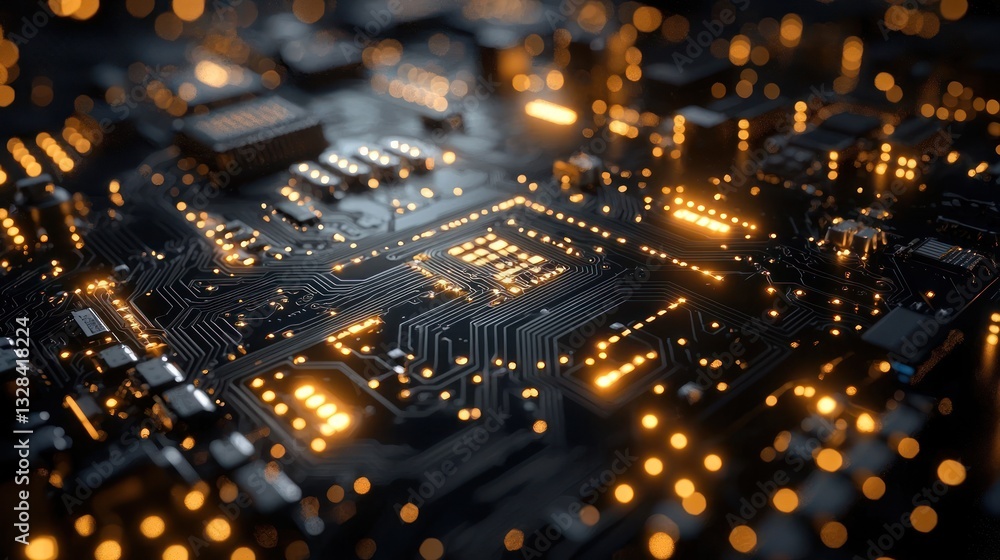 Obraz premium Illuminated Circuit Board Closeup, Processing Data, Tech Background, Digital