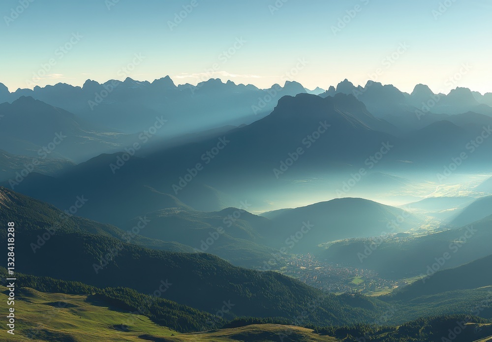 Fototapeta premium Serene Mountain Landscape with Majestic Peaks and Soft Light Over a Valley in the Early Morning