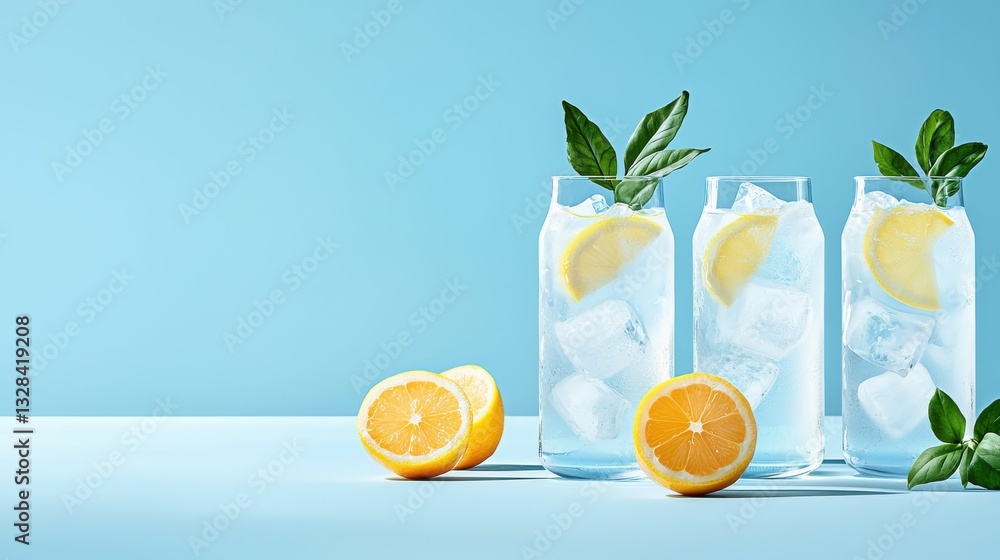 Fototapeta premium Refreshing Lemon Cocktails with Ice and Fresh Basil on a Blue Background.