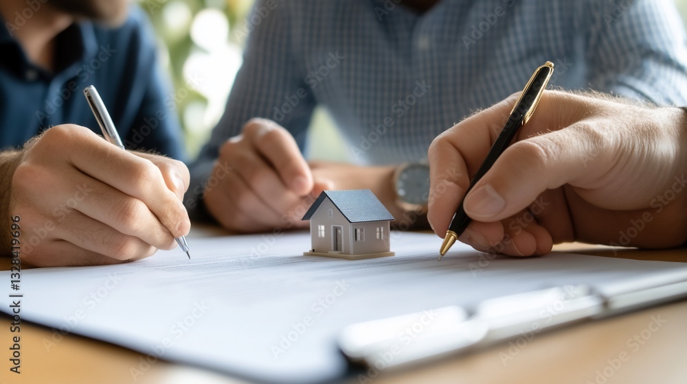 People signing documents next to a tiny model house, signifying property deal People signing documents next to a tiny model house, signifying property deal