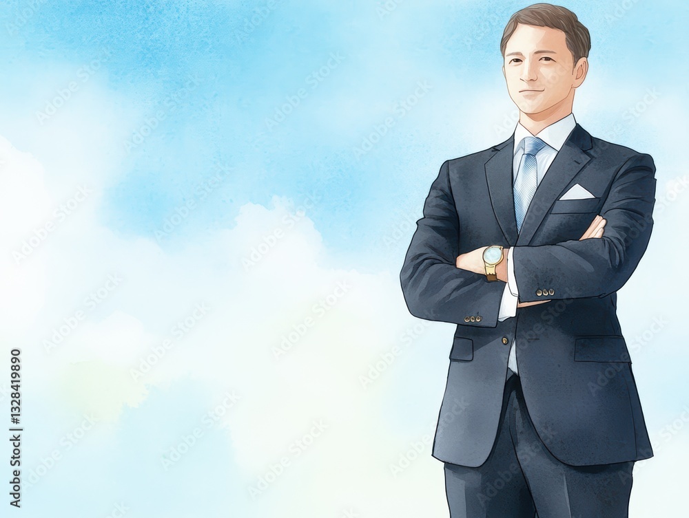 Confident businessman against sky backdrop. Confident businessman against sky backdrop.