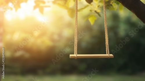 Wooden swing hanging from a tree under soft sunlight in a serene outdoor setting surrounded by lush greenery for relaxation and playfulness