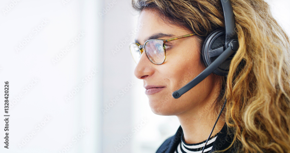 Consultant, call center and woman consulting with microphone for customer support, help desk and advice. Telemarketing, space and happy agent with inbound query, online assistance or friendly service Consultant, call center and woman consulting with microphone for customer support, help desk and advice. Telemarketing, space and happy agent with inbound query, online assistance or friendly service