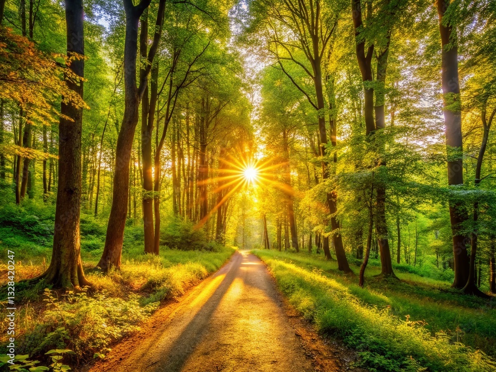 Fototapeta premium Sunlit Summer Forest Path: HD Wallpaper, Sunrise Woods, Morning Hike, Nature Scene