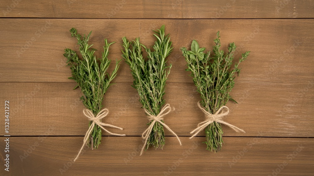Herb bundles tied with twine rosemary thyme basil kitchen food photography rustic aesthetic Herb bundles tied with twine rosemary thyme basil kitchen food photography rustic aesthetic