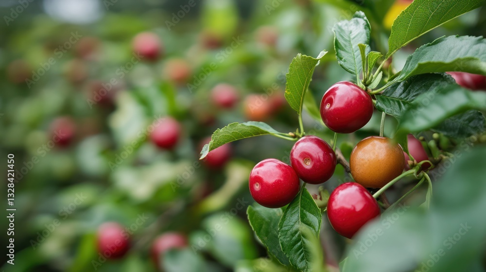 Fototapeta premium Ripe cherries on branch, orchard background, summer harvest, food