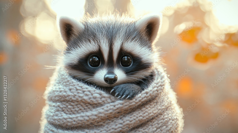 Fototapeta premium A Cute Raccoon Wrapped Cozy in a Soft Knitted Scarf