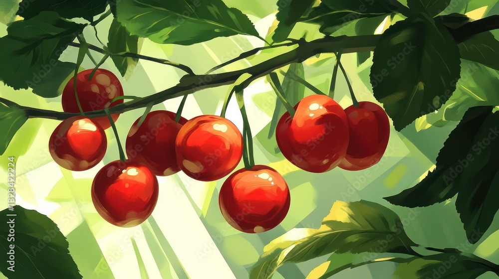 Obraz premium Ripe cherries on branch, sunlit orchard, summer harvest, food imagery